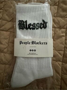 "Blessed" People Blockers White Crew Socks